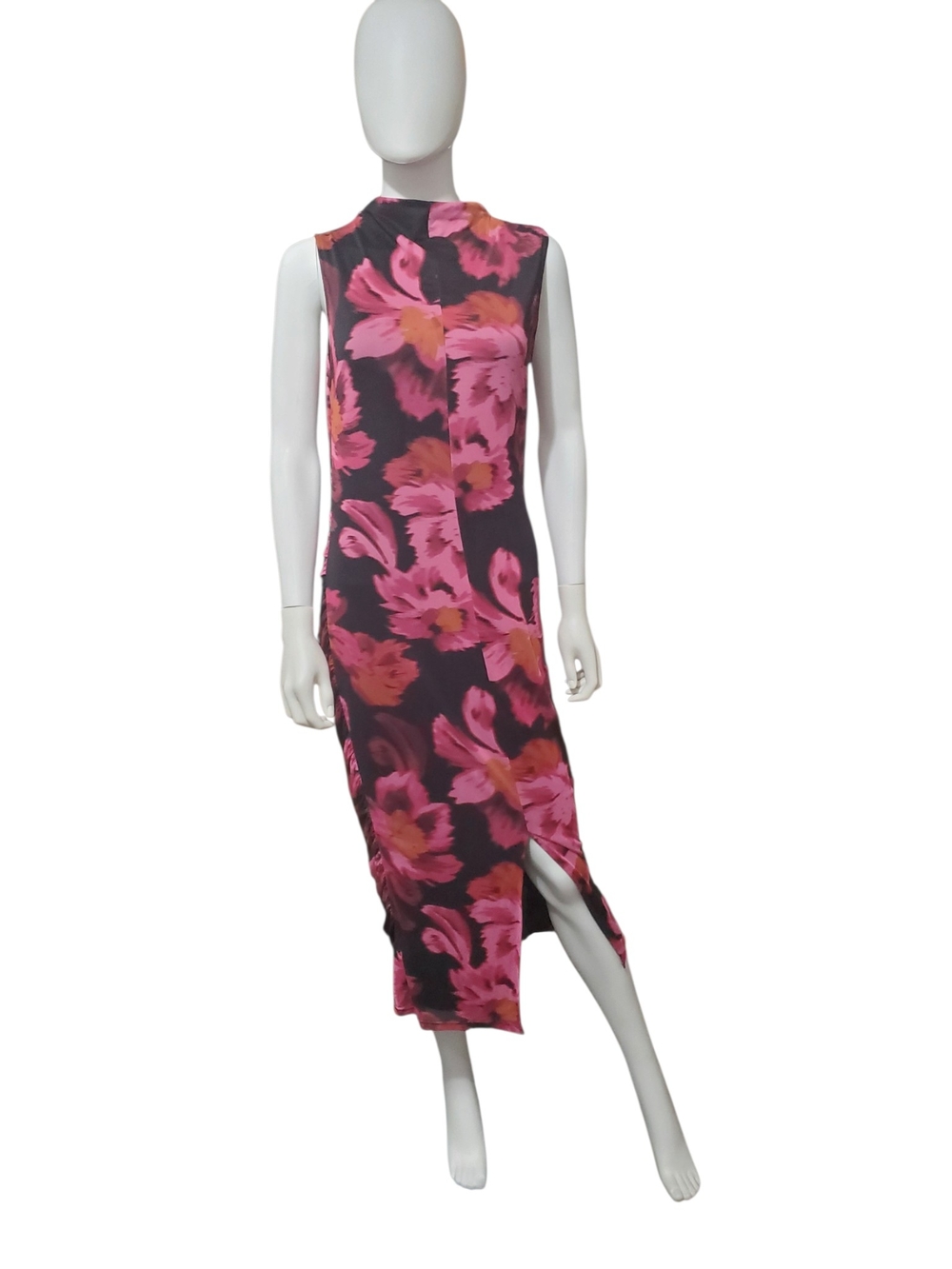 PrettyGarden Floral Mesh Midi Dress Size L Pink Black Front Slit
